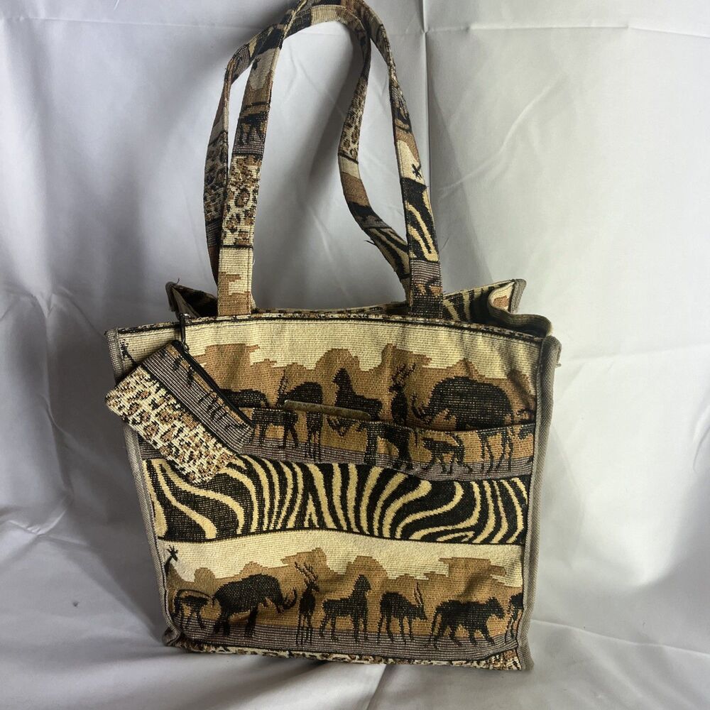 Vintage Tapestry Handbag Jade African Safari Tote Bag Shoulder Strap Coin Purse